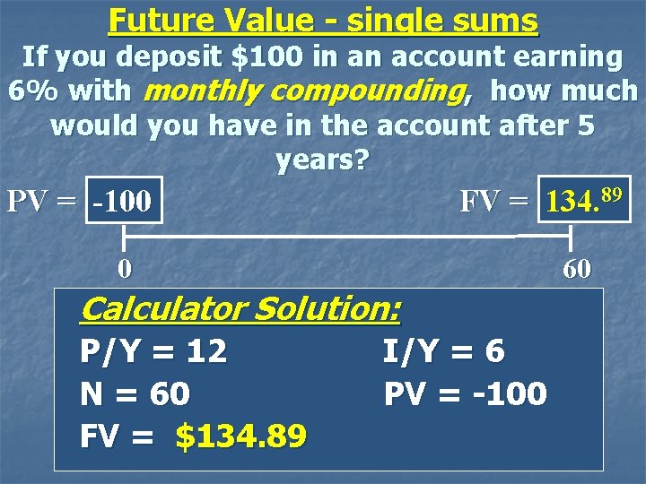 Future Value - single sums If you deposit $100 in an account earning 6%