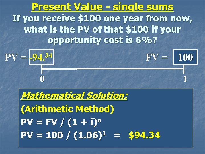 Present Value - single sums If you receive $100 one year from now, what