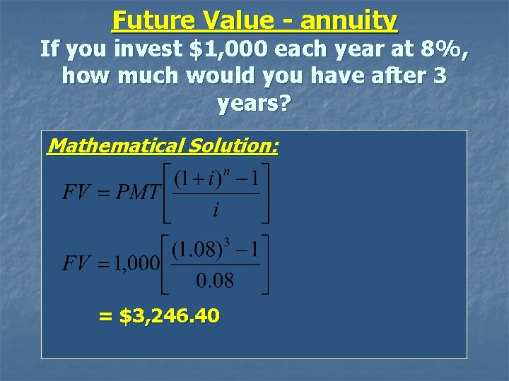 Future Value - annuity If you invest $1, 000 each year at 8%, how