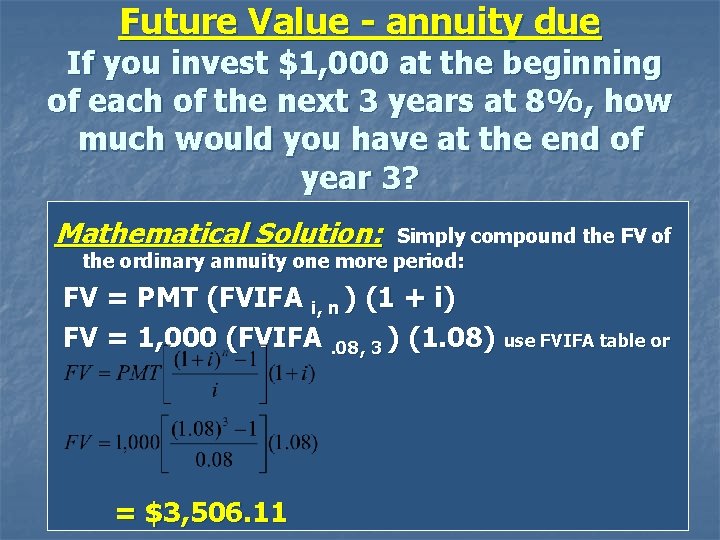 Future Value - annuity due If you invest $1, 000 at the beginning of