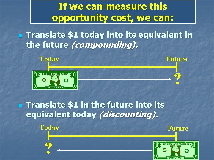 If we can measure this opportunity cost, we can: n Translate $1 today into