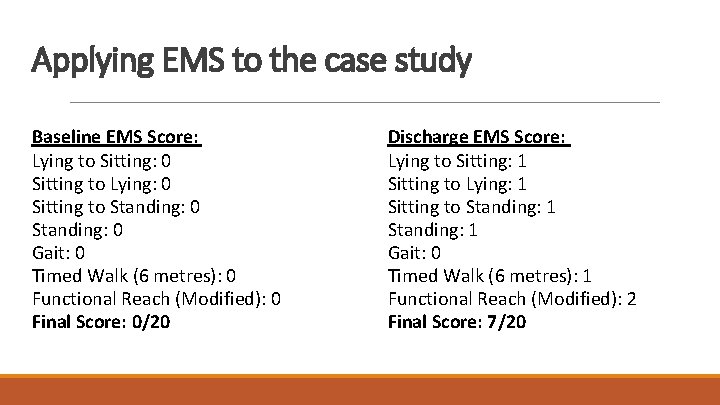 Applying EMS to the case study Baseline EMS Score: Lying to Sitting: 0 Sitting