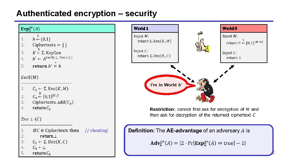Authenticated encryption – security World 1 World 0 52 