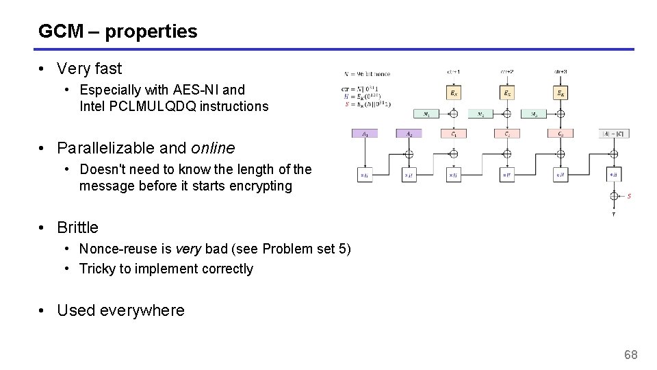 GCM – properties • Very fast • Especially with AES-NI and Intel PCLMULQDQ instructions