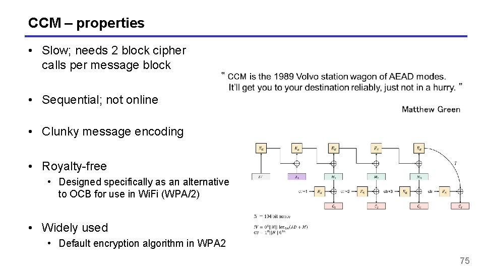 CCM – properties • Slow; needs 2 block cipher calls per message block •