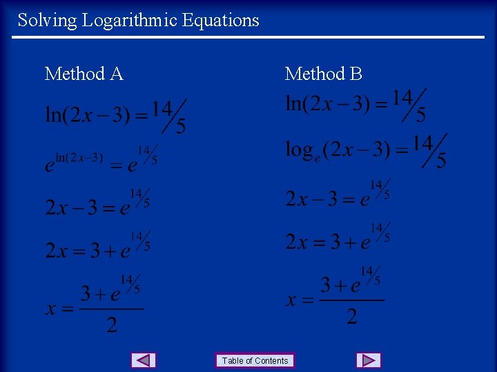 Solving Logarithmic Equations Method A Method B Table of Contents 
