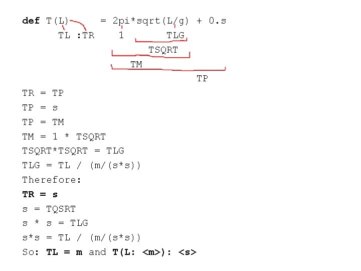 def T(L) = 2 pi*sqrt(L/g) + 0. s TL : TR 1 TLG TSQRT