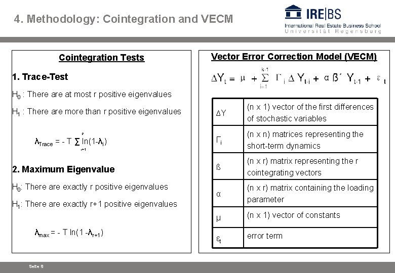 4. Methodology: Cointegration and VECM Cointegration Tests Vector Error Correction Model (VECM) 1. Trace-Test