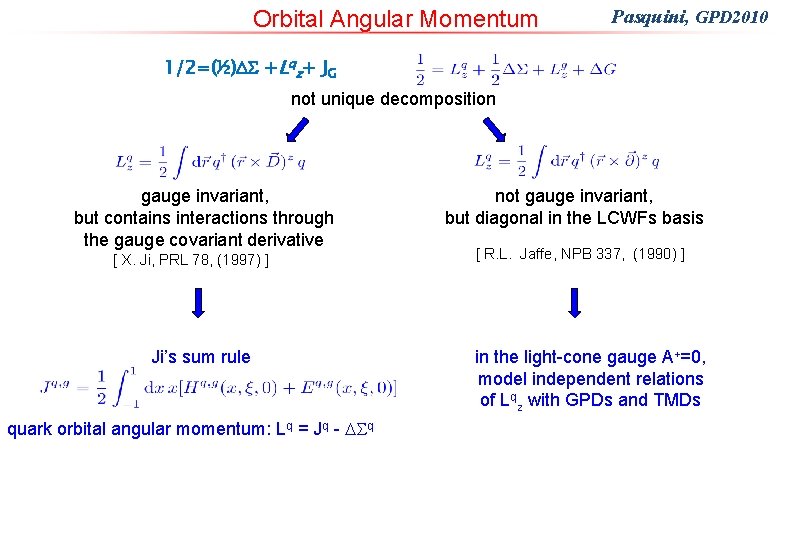 Orbital Angular Momentum Pasquini, GPD 2010 1/2=(½)DS +Lqz+ JG not unique decomposition gauge invariant,