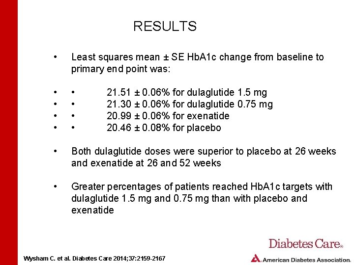 RESULTS • Least squares mean ± SE Hb. A 1 c change from baseline RESULTS • Least squares mean ± SE Hb. A 1 c change from baseline