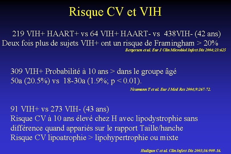 Risque CV et VIH 219 VIH+ HAART+ vs 64 VIH+ HAART- vs 438 VIH-