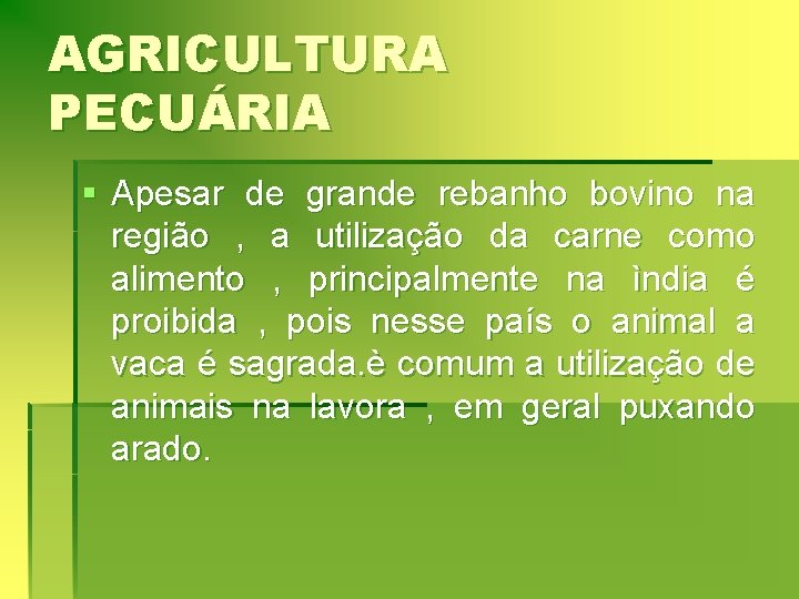 AGRICULTURA PECUÁRIA § Apesar de grande rebanho bovino na região , a utilização da