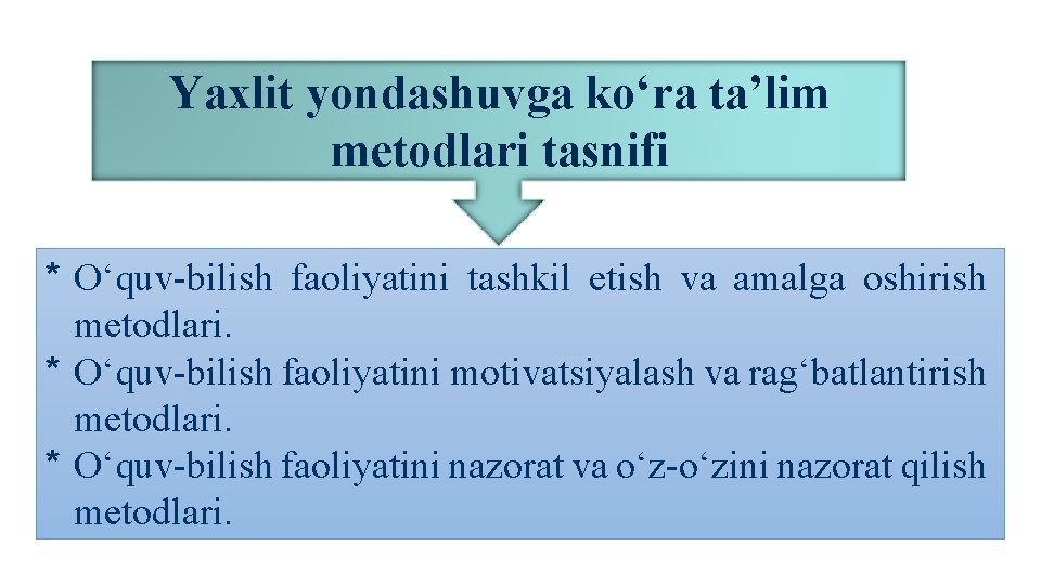 Yaxlit yondashuvga kо‘ra ta’lim metodlari tasnifi * О‘quv-bilish faoliyatini tashkil etish va amalga oshirish