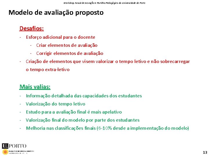 Workshop Anual de Inovação e Partilha Pedagógica da Universidade do Porto Modelo de avaliação