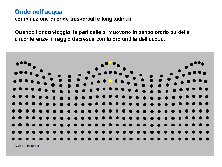 Onde nell’acqua combinazione di onde trasversali e longitudinali Quando l’onda viaggia, le particelle si