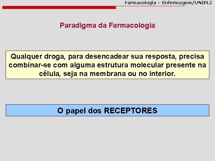 Farmacologia – Enfermagem/UNIPLI Paradigma da Farmacologia Qualquer droga, para desencadear sua resposta, precisa combinar-se