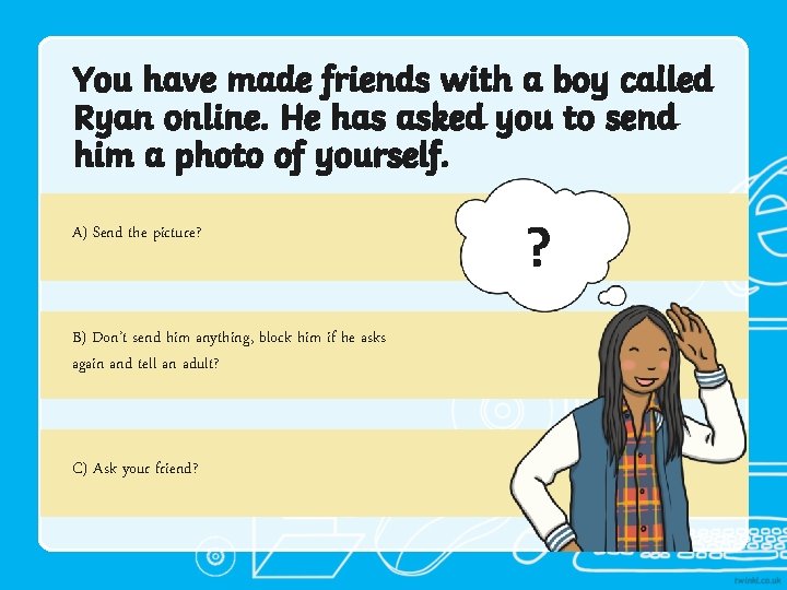 You have made friends with a boy called Ryan online. He has asked you