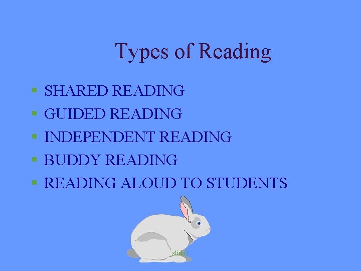 Types of Reading § § § SHARED READING GUIDED READING INDEPENDENT READING BUDDY READING