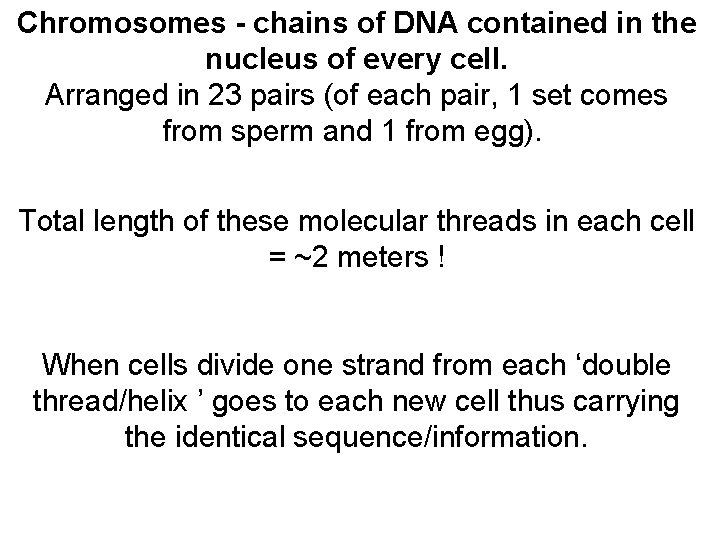 Chromosomes - chains of DNA contained in the nucleus of every cell. Arranged in