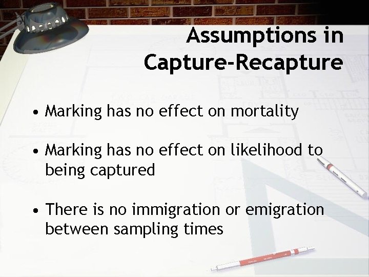 Assumptions in Capture-Recapture • Marking has no effect on mortality • Marking has no