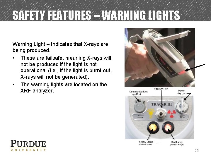 SAFETY FEATURES – WARNING LIGHTS Warning Light – Indicates that X-rays are being produced.