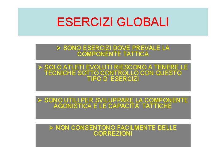 ESERCIZI GLOBALI Ø SONO ESERCIZI DOVE PREVALE LA COMPONENTE TATTICA Ø SOLO ATLETI EVOLUTI