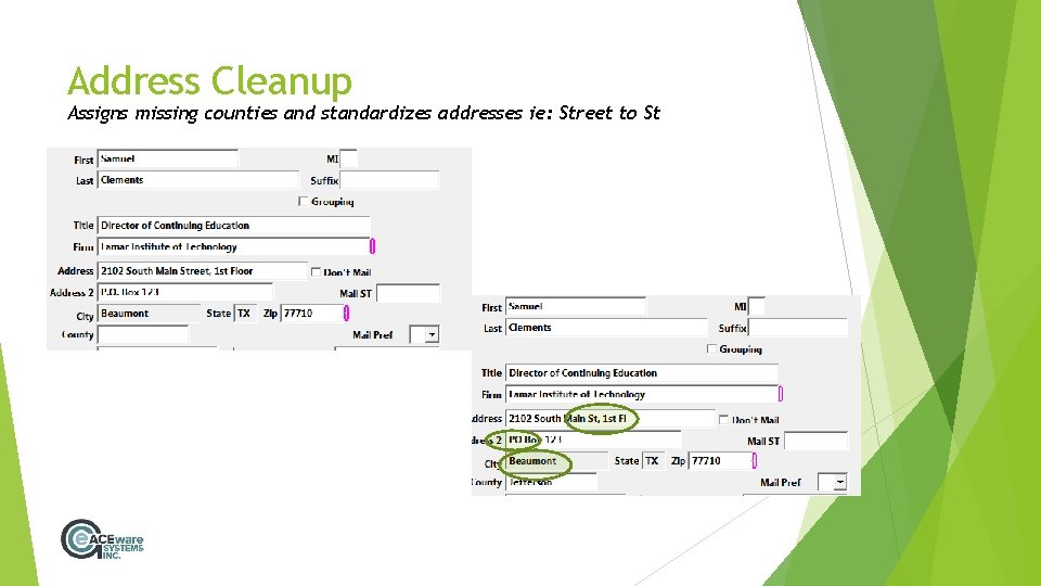 Address Cleanup Assigns missing counties and standardizes addresses ie: Street to St 