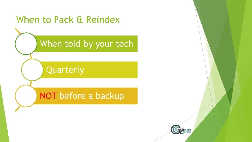 When to Pack & Reindex When told by your tech Quarterly NOT before a