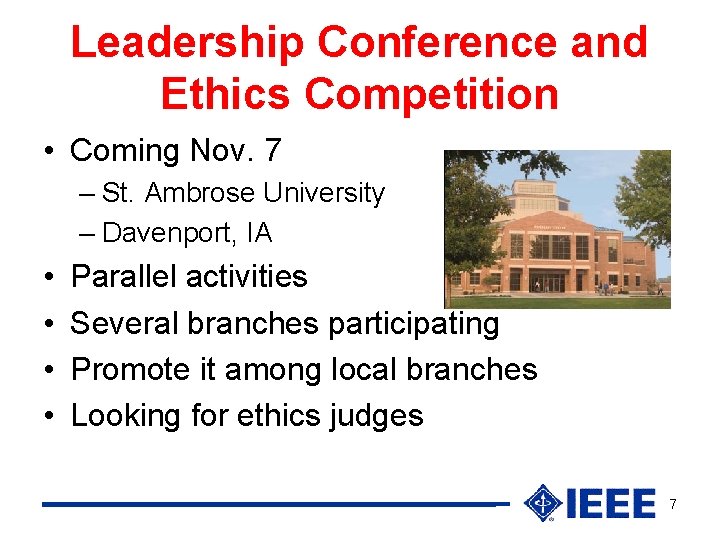 Leadership Conference and Ethics Competition • Coming Nov. 7 – St. Ambrose University –