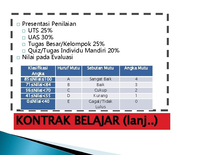 Presentasi Penilaian � UTS 25% � UAS 30% � Tugas Besar/Kelompok 25% � Quiz/Tugas