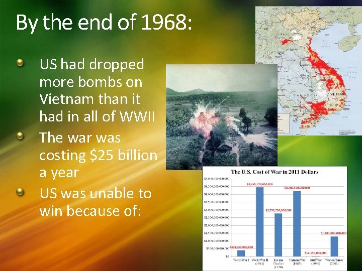 By the end of 1968: US had dropped more bombs on Vietnam than it