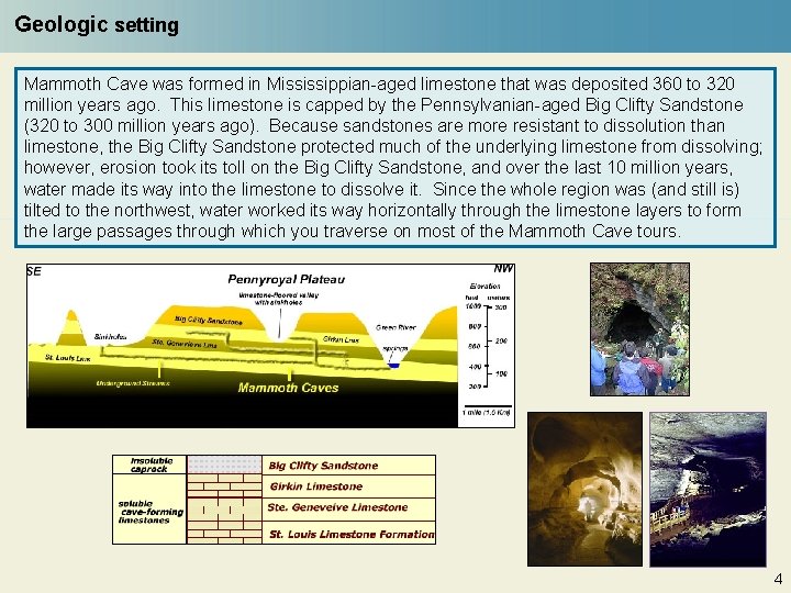 Geologic setting Mammoth Cave was formed in Mississippian-aged limestone that was deposited 360 to