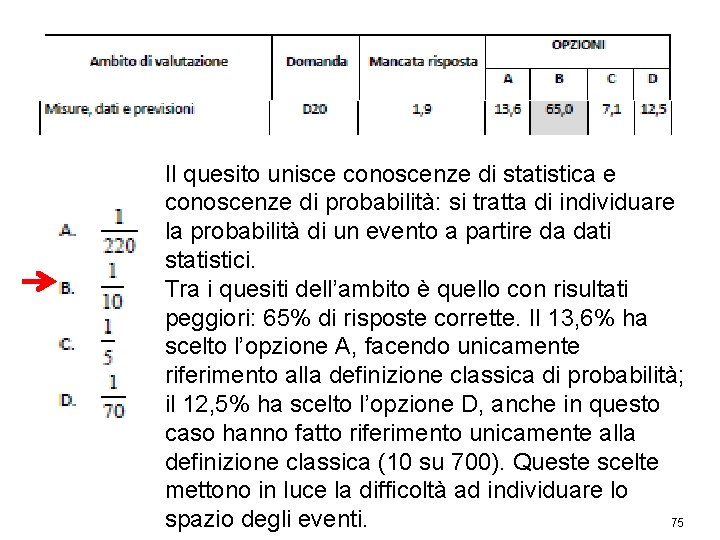 Il quesito unisce conoscenze di statistica e conoscenze di probabilità: si tratta di individuare