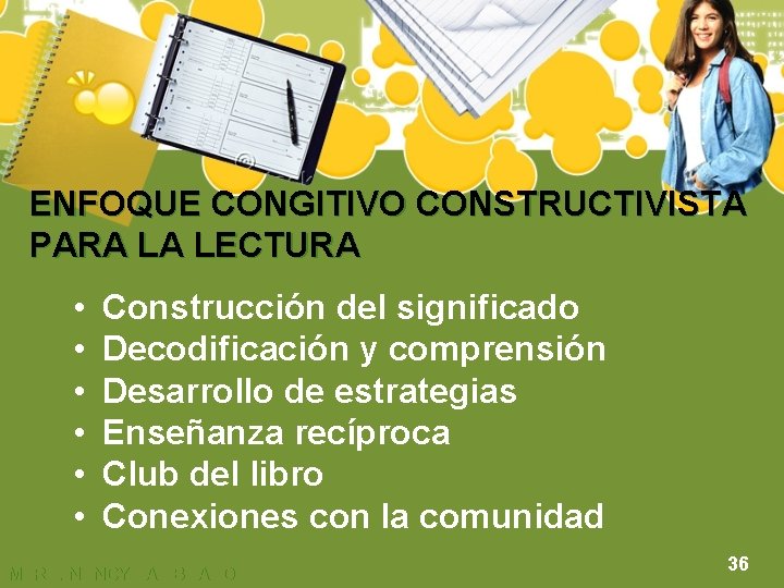 ENFOQUE CONGITIVO CONSTRUCTIVISTA PARA LA LECTURA • • • Construcción del significado Decodificación y