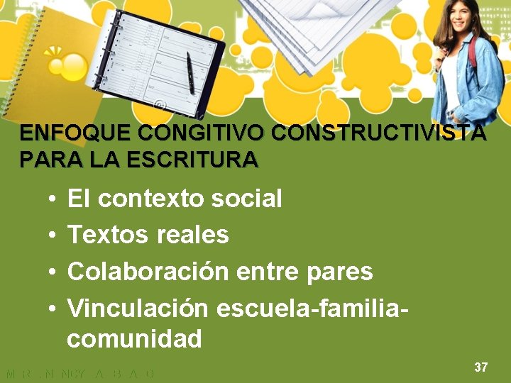 ENFOQUE CONGITIVO CONSTRUCTIVISTA PARA LA ESCRITURA • • El contexto social Textos reales Colaboración