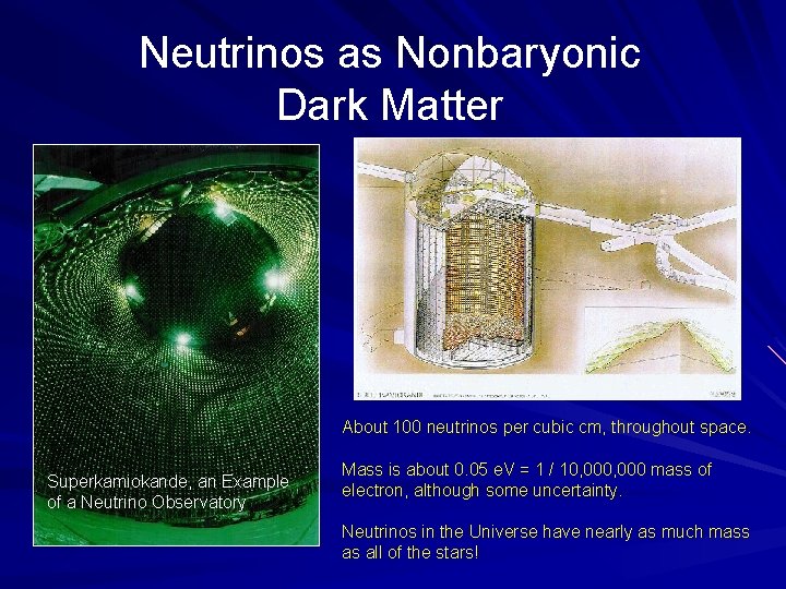 Neutrinos as Nonbaryonic Dark Matter About 100 neutrinos per cubic cm, throughout space. Superkamiokande,