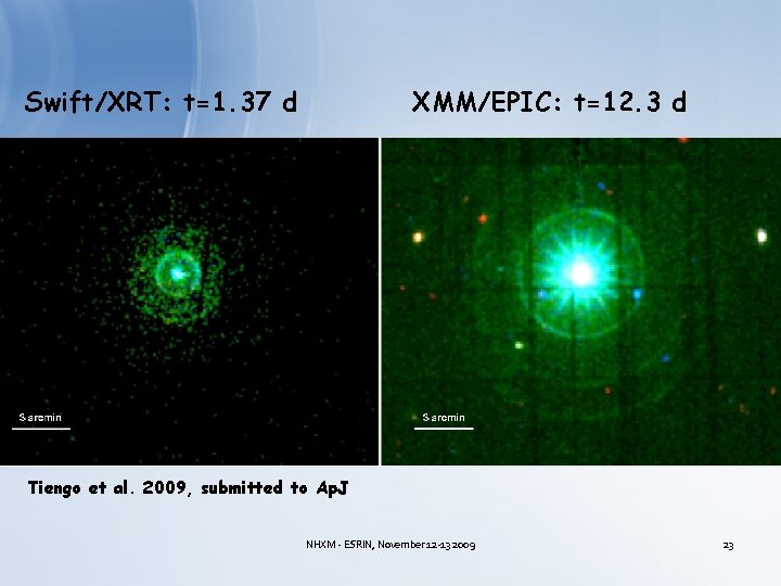 Swift/XRT: t=1. 37 d XMM/EPIC: t=12. 3 d Tiengo et al. 2009, submitted to