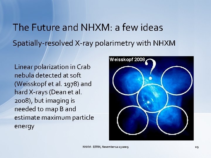 The Future and NHXM: a few ideas Spatially-resolved X-ray polarimetry with NHXM Weisskopf 2008