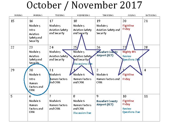 October / November 2017 SUNDAY 15 MONDAY 29 THURSDAY FRIDAY 17 18 19 Module