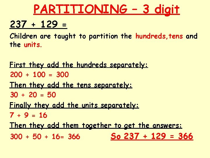 PARTITIONING – 3 digit 237 + 129 = Children are taught to partition the