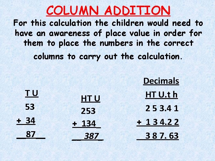 COLUMN ADDITION For this calculation the children would need to have an awareness of