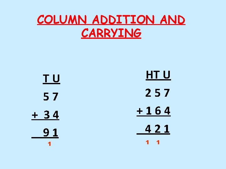 COLUMN ADDITION AND CARRYING TU 57 + 34 91 1 HT U 257 +164