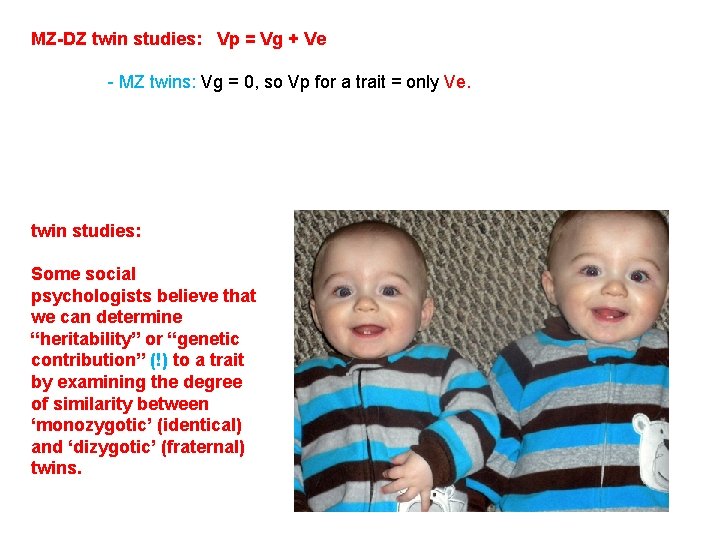 MZ-DZ twin studies: Vp = Vg + Ve - MZ twins: Vg = 0,