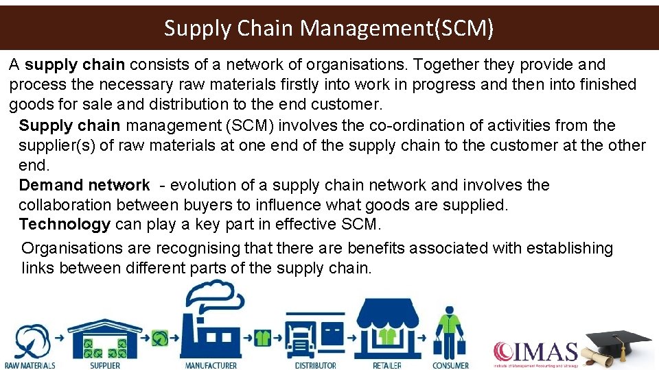 Supply Chain Management(SCM) A supply chain consists of a network of organisations. Together they