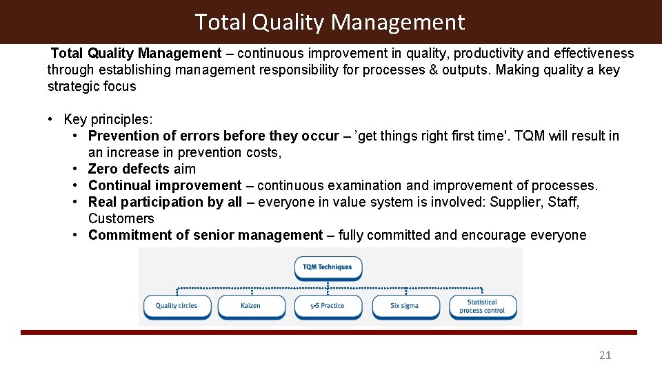 Total Quality Management – continuous improvement in quality, productivity and effectiveness through establishing management