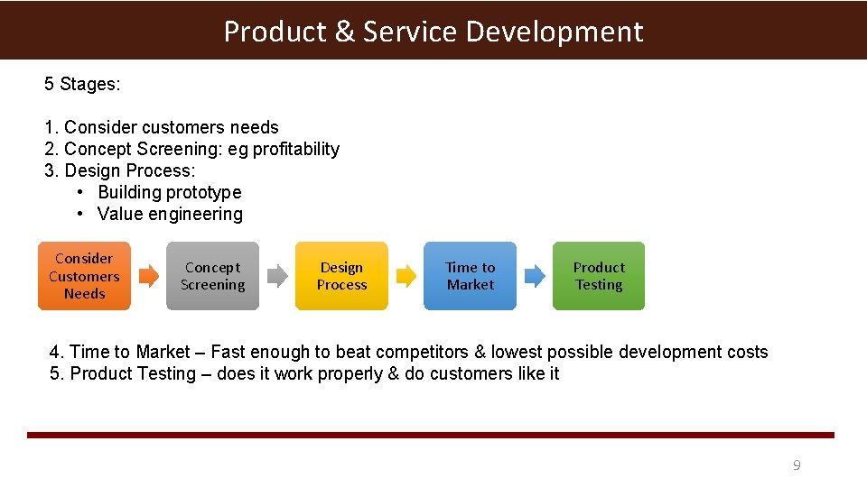 Product & Service Development 5 Stages: 1. Consider customers needs 2. Concept Screening: eg