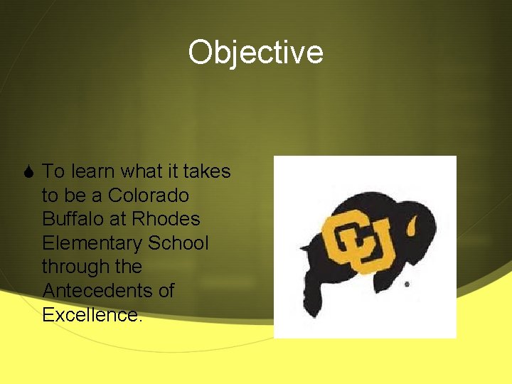 Objective S To learn what it takes to be a Colorado Buffalo at Rhodes
