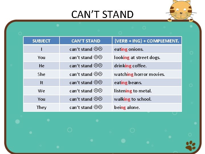 CAN’T STAND SUBJECT CAN’T STAND (VERB + ING) + COMPLEMENT. I can’t stand eating