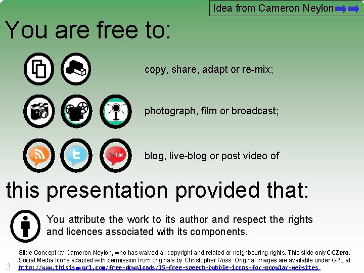 Idea from Cameron Neylon You are free to: copy, share, adapt or re-mix; photograph,