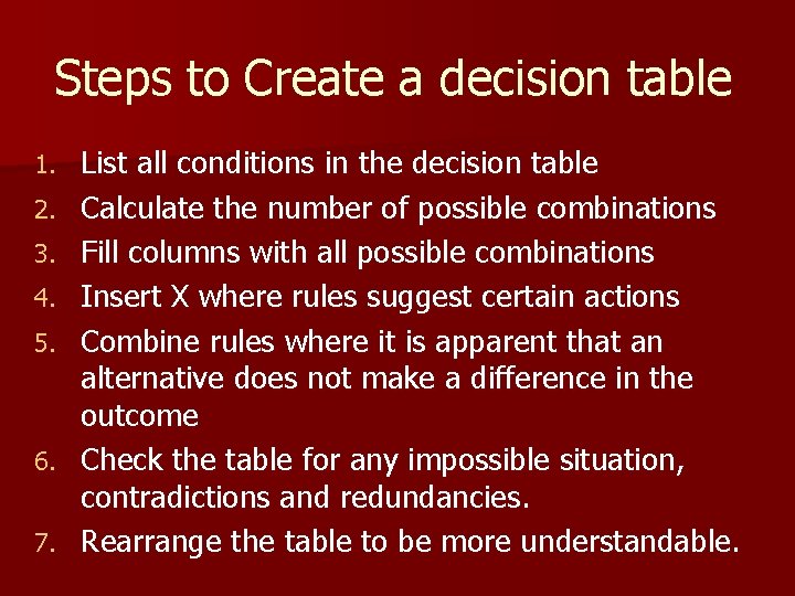 Steps to Create a decision table 1. 2. 3. 4. 5. 6. 7. List